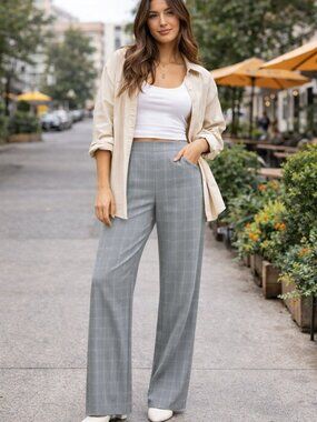 NWT Reformation Mason Wide Leg Trousers Gray Windowpane Plaid Pants Size 10